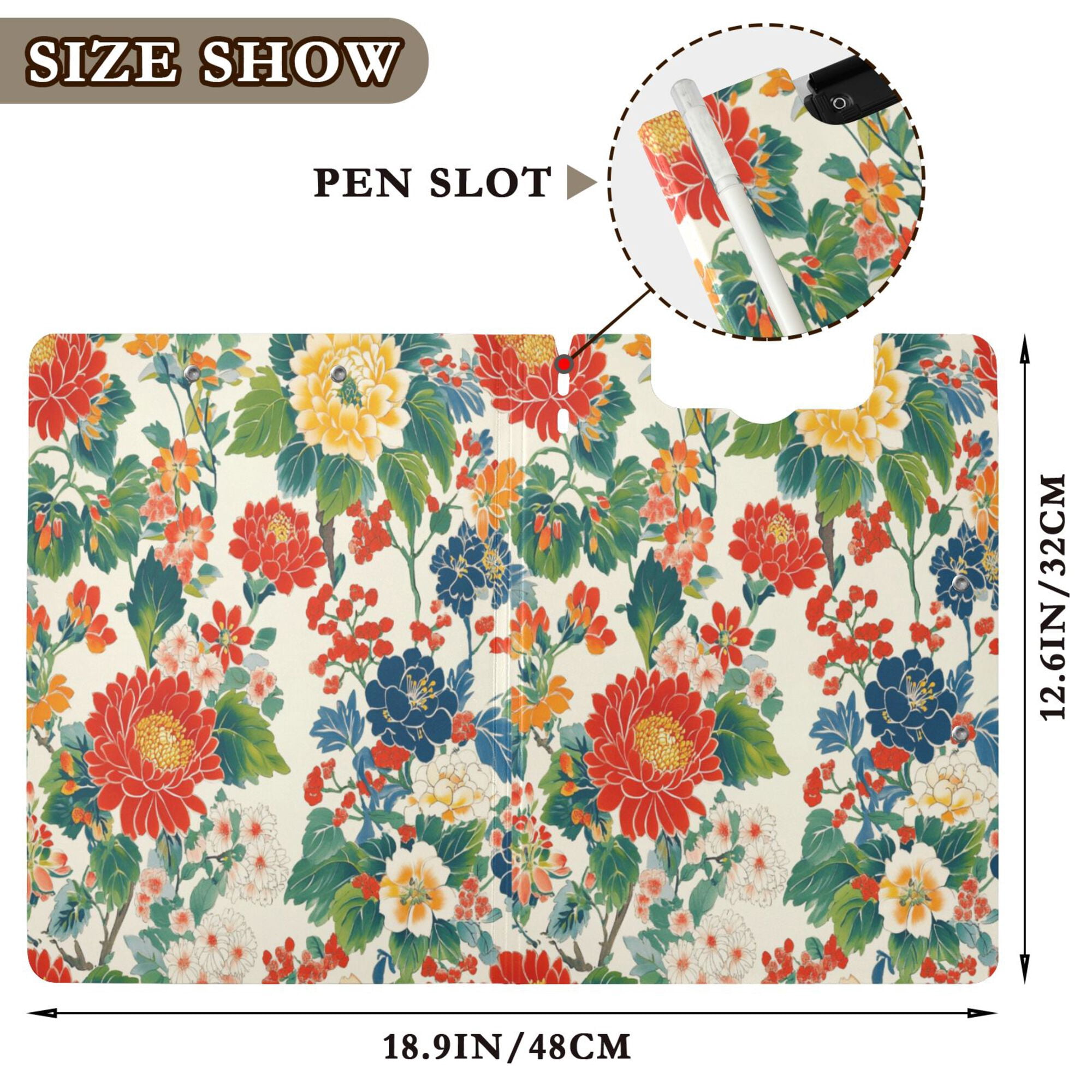 FORMRS A4 Clipboard Folder with Pen Holder Horizontal Foldable School Office Binder, Colorful Flowers Pattern