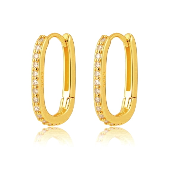 18K gold plated Silver zircon crystal Hoop Earrings for Women Teens, Hypoallergenic Small Dainty CZ Square Huggies Paperclip Earring, U Hoop Earrings 18K Gold Plated Minimalist