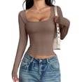 thumbnail image 2 of Womens Long Sleeve Shirts Crop Tops Square Neck Going Out Basics Tees Y2K Winter Clothes Coffee Color L, 2 of 7