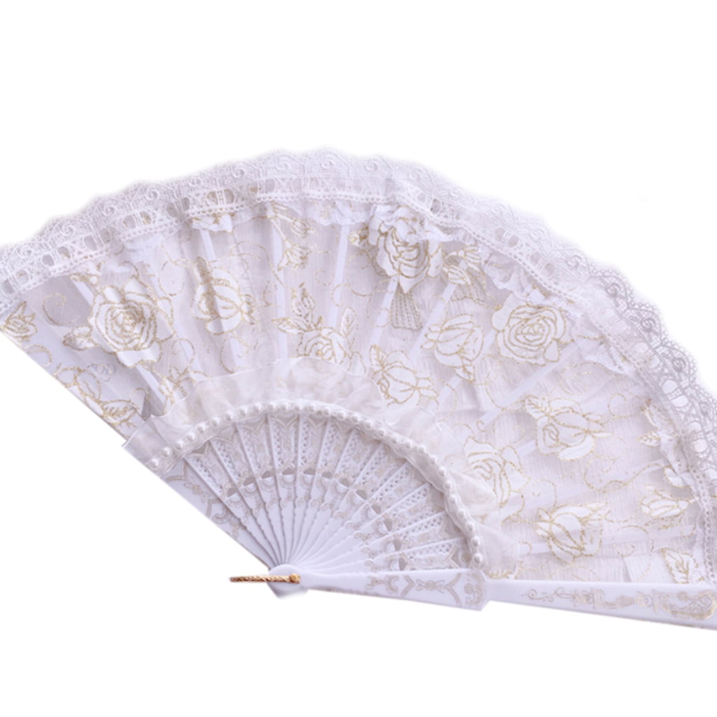 New Embroidered Folding Sequins Hand Lace Flower Fan Party Wedding Decor 