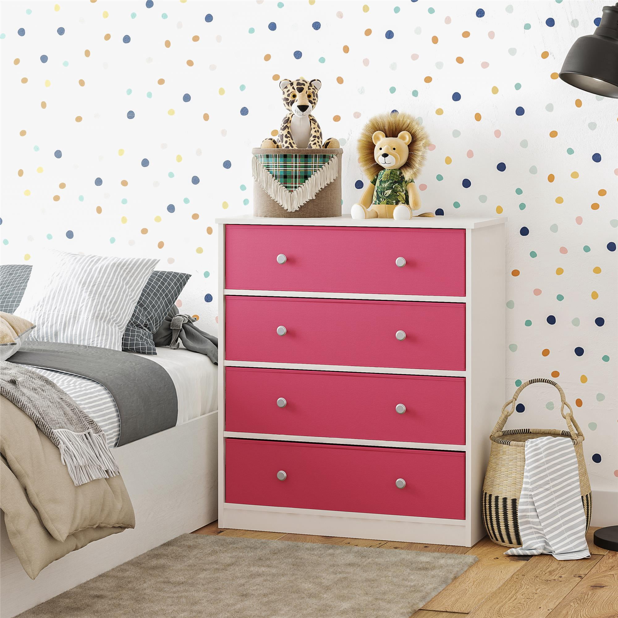Mya Park Kids' Bedroom Tall Dresser, Soft 4-Drawer Wood Storage with Pink  Fabric Bins - Walmart.com