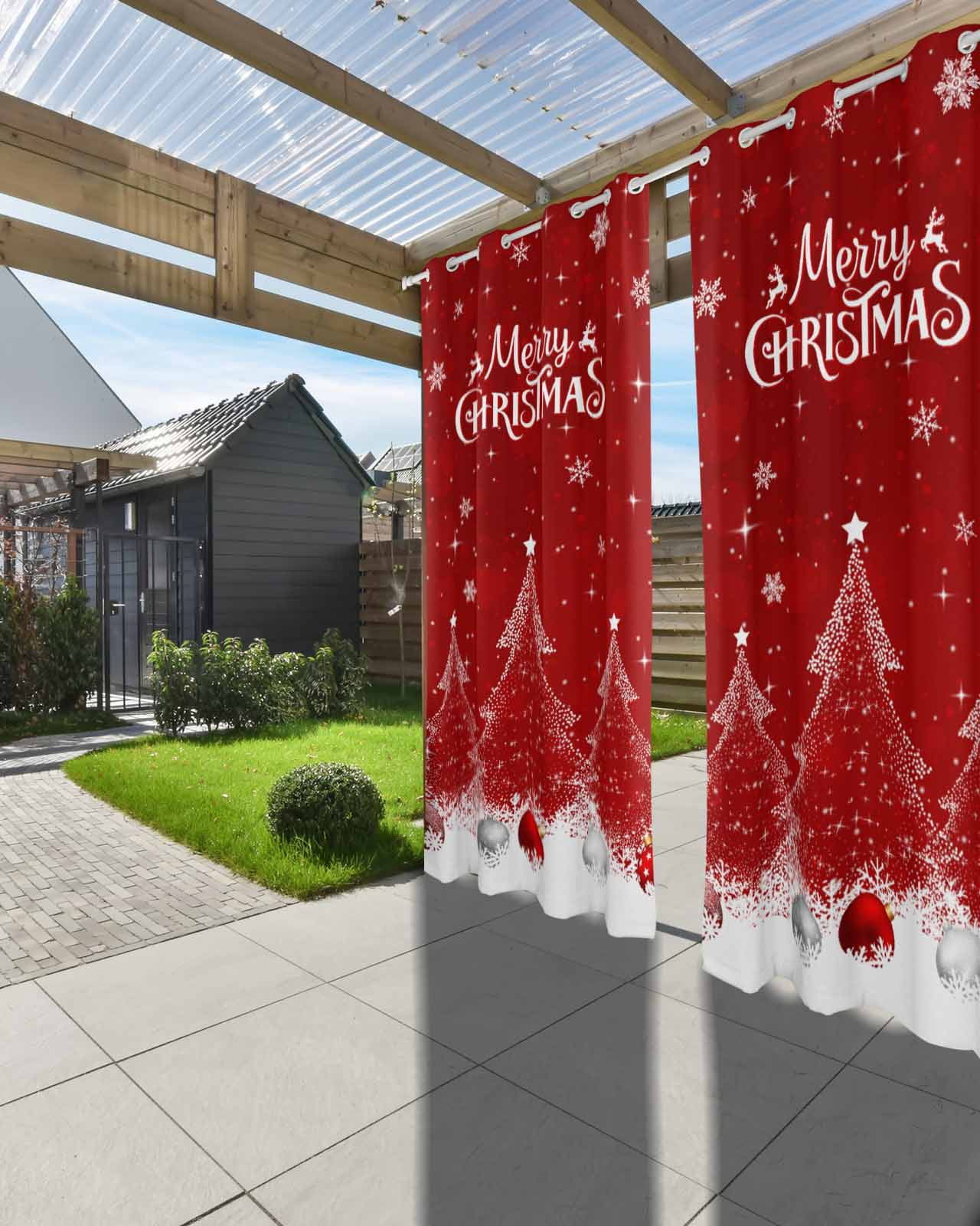 Outdoor Curtains for Patio, Red Christmas Tree Waterproof Blackout Outside Curtain for Porch/Pergola/Gazebo, Balls Xmas Snowflake Thermal Insulated Drapes for Cabana, 2 Panels, 54 x 95 Inch