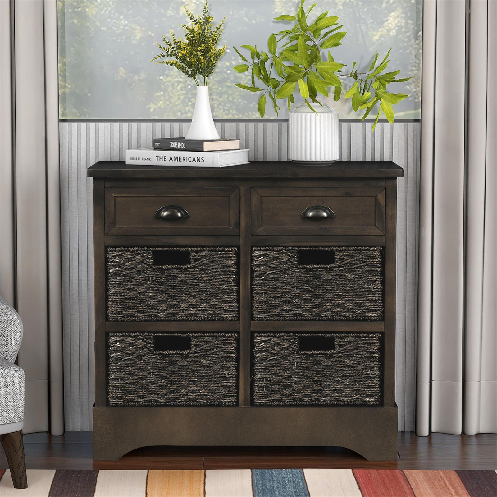 Rustic Storage with Two Drawers and Four Classic Rattan Basket