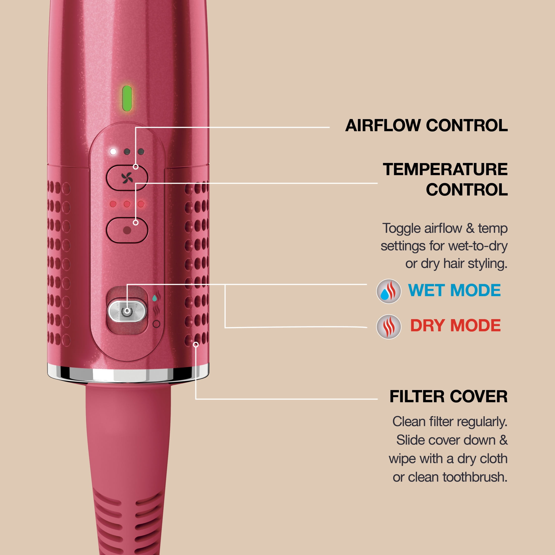 Shark Glossi 2-in-1 Hair Styling Tool & Air Glosser, Hot Tool, Blow Dryer, Wet-to-Dry Styling, 120 Volts, HT302BP Pink
