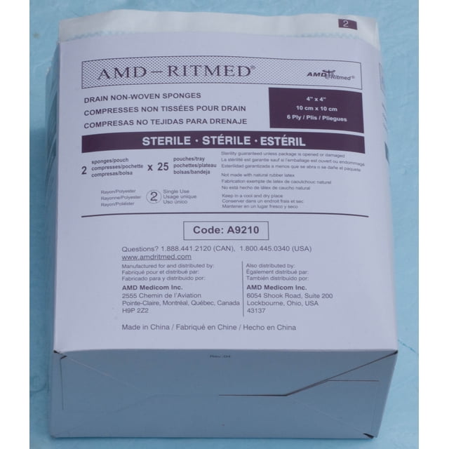 AMD-Ritmed- Drain Non-Woven Sponges, 200 per case-6 ply-with slit