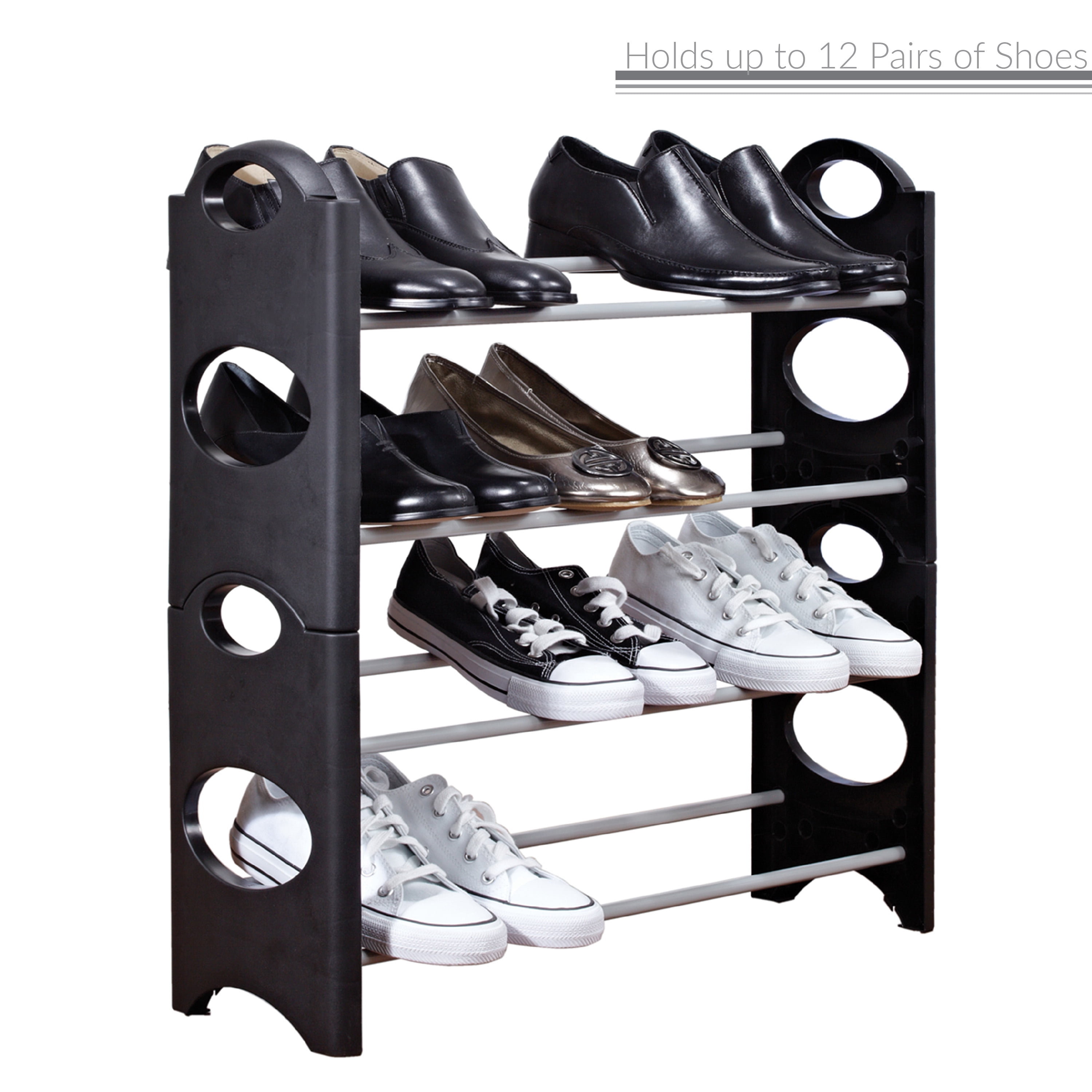 Simplify 4 Tier Stackable 12 Pair Shoe Rack in Black