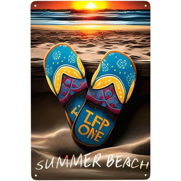 Letrero de hojalata de playa de verano de 8 x 12 pulgadas, zapatillas de playa, decoración de pared retro, letrero de metal, pieza decorativa para el hogar, habitación, bar, tienda, póster de metal.