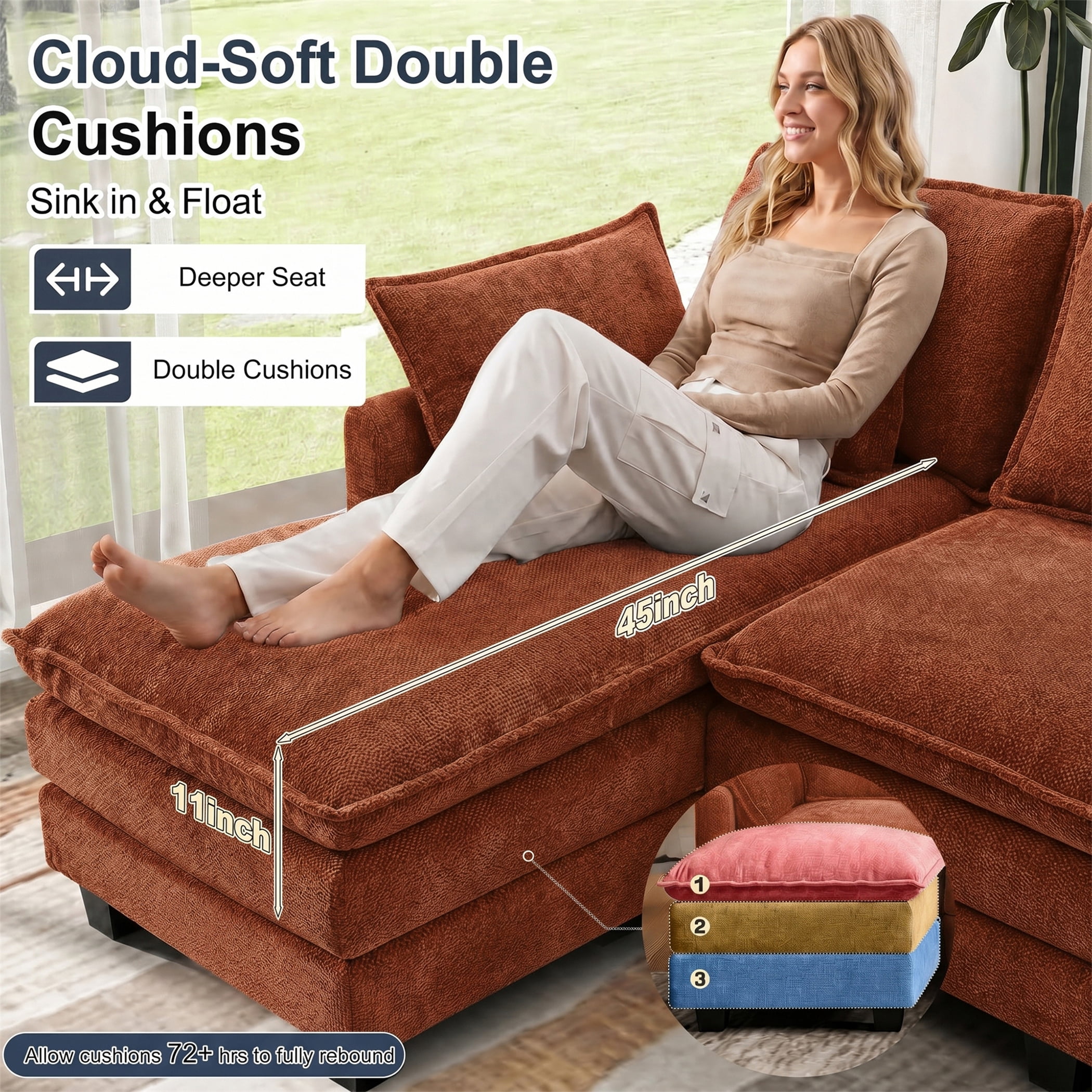 Aukfa 106" Sectional Sofa Deep Seat U shape Couch for Living Room, USB&Type-C Ports, 4 Lumbar Pillows, Storage Ottoman, Overstuffed Chenille, Orange