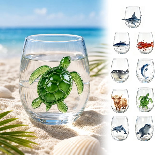 Cristalería Artesanal de Pulpo Azul con Anillos, Copa de Vino sin Tallo Impresa en 2D, Cristalería Náutica Costera para Bar, Vaso de Vidrio con Temática Oceánica para el Hogar, Cocina, Decoración de