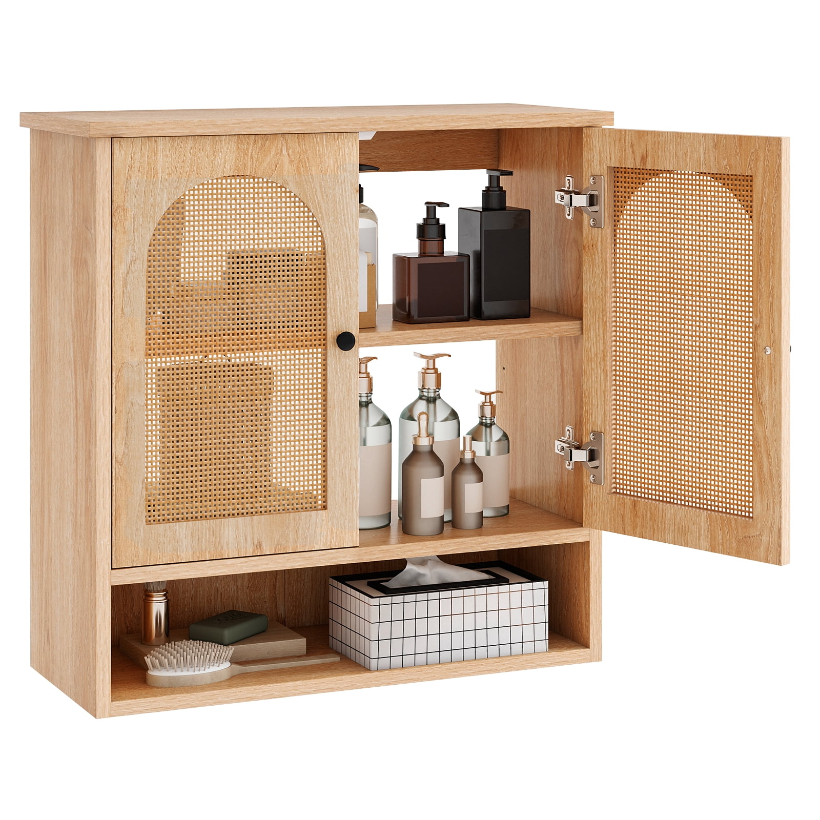 Giantex Bathroom Wall-Mounted Cabinet, Faux Rattan Medicine Cabinet w/Adjustable Shelves, Storage Cabinet Over Toilet