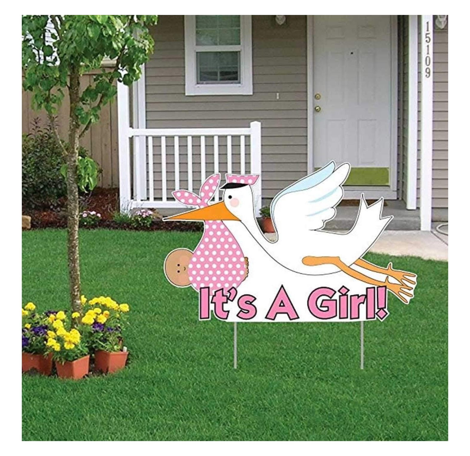 Yard Sign Outdoor Lawn Decorations - It's a Girl” Die Cut Stork, Baby Announcement Yard Sign (Medium Skin Toned Baby)