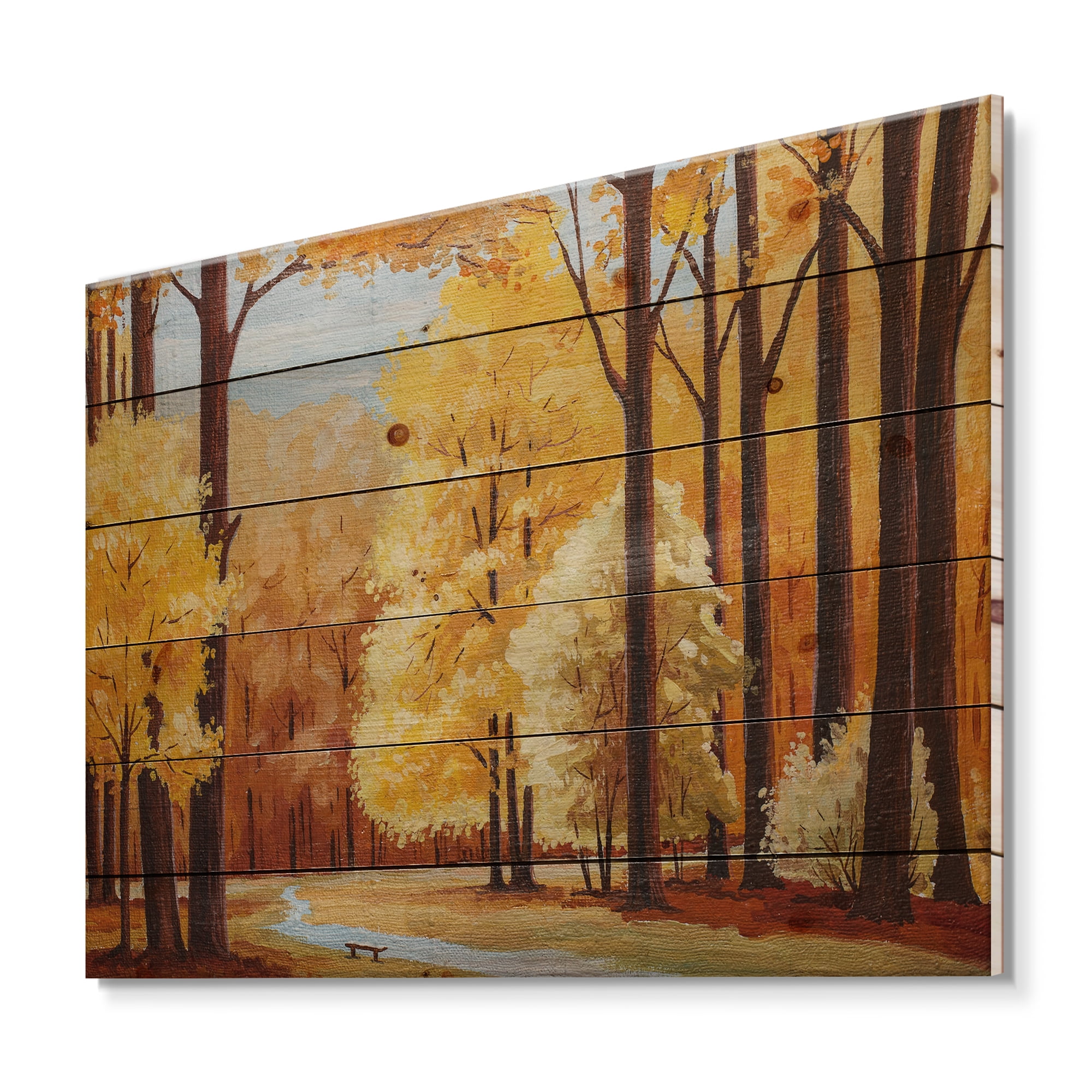 Designart 'Orange Autumn Trees At Sunrise' Farmhouse Print on Natural Pine Wood