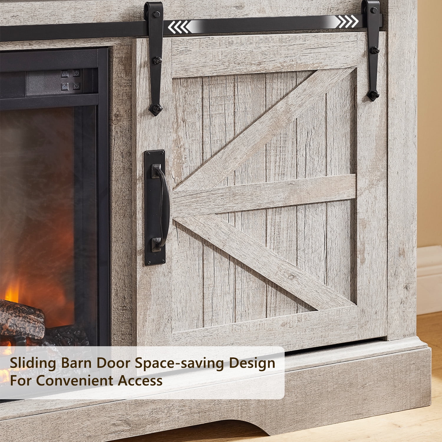 KeyWhat Farmhouse Fireplace TV Stand for TVs up to 70", 24" Electric Fireplace & Barn Door