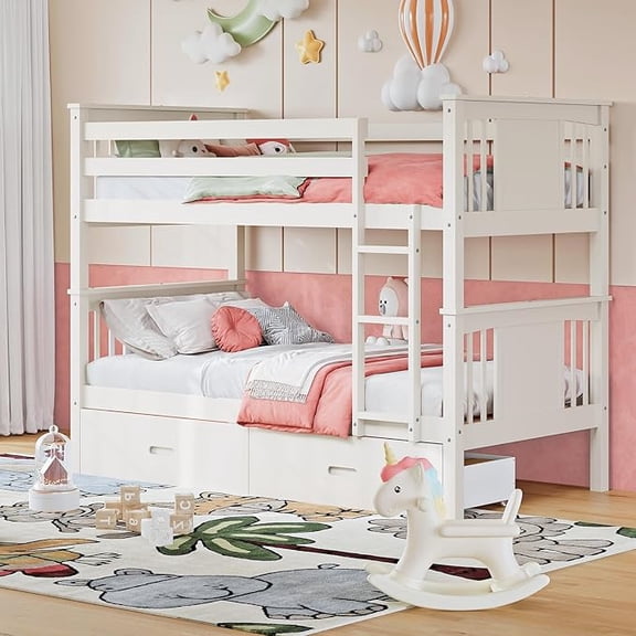 LAZZO Twin Over Twin Bunk Bed with Storage Drawers, Convertible Solid Wood Bunk Bed with Ladder & Safety Guardrail, No Box Spring Needed, White