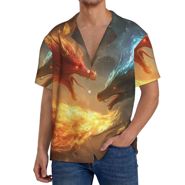 Fotbe Red And Blue Fire Dragon B Camisa Estampada de Manga Corta para Hombre, Casual de Verano, Estilo Playero, Sin Arrugas-4X-Large