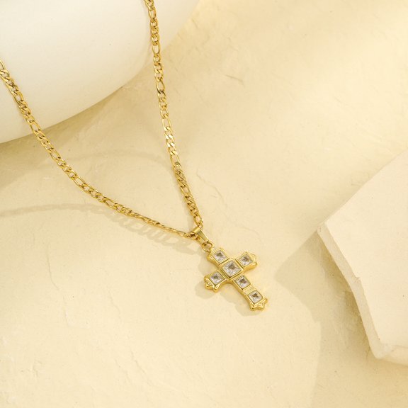 NICKSUN 18K Gold Plated Stainless Steel Cross Pendant Necklace, Square Cubic Zirconia Figaro Chain Choker Clavicle Necklaces for Women Religious Jewelry Gift