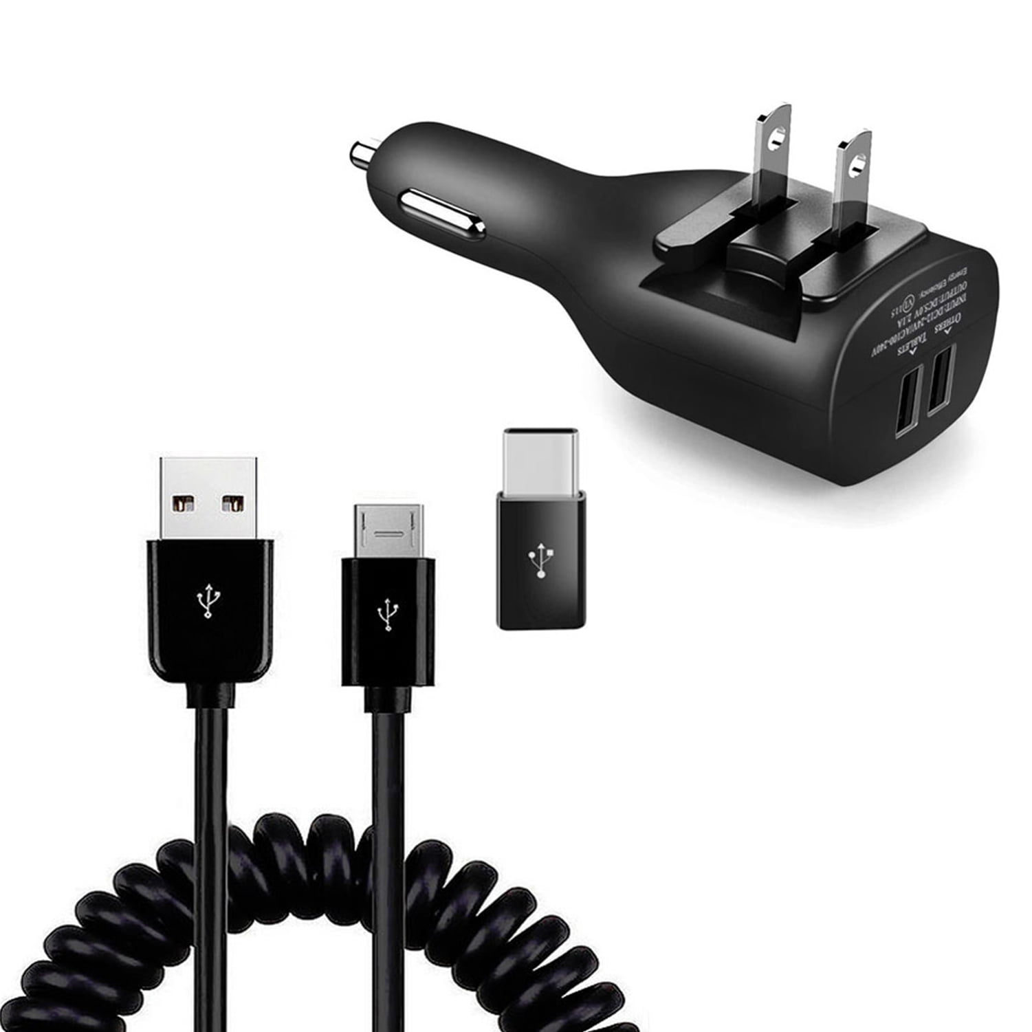 2-in-1 Car Home Charger for Samsung Galaxy S24/Ultra/Plus Phone - Coiled USB Cable Micro-USB to USB-C Adapter Charger Cord Power Wire Black Folding Prongs for Galaxy S24/Ultra/Plus