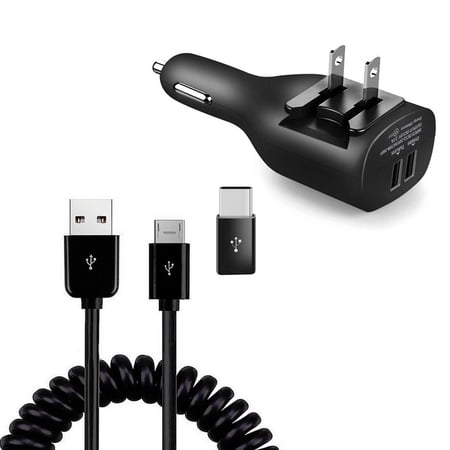 2-in-1 Car Home Charger for OnePlus Nord N300/N200/N30 - Coiled USB Cable Micro-USB to USB-C Adapter Charger Cord Power Wire Black Folding Prongs for OnePlus Nord N300/N200/N30