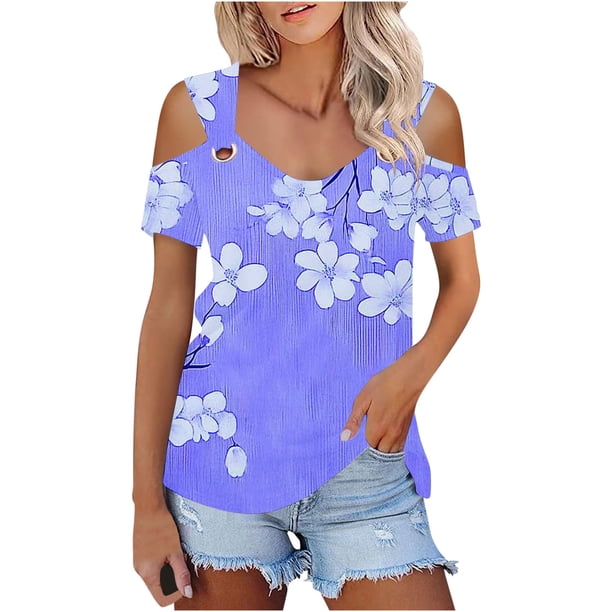 Camisas de Manga Corta para las Mujeres de Verano Sexy Frío Hombro Suéter Blusa Cuello en V Sólido, Ligero para Diario