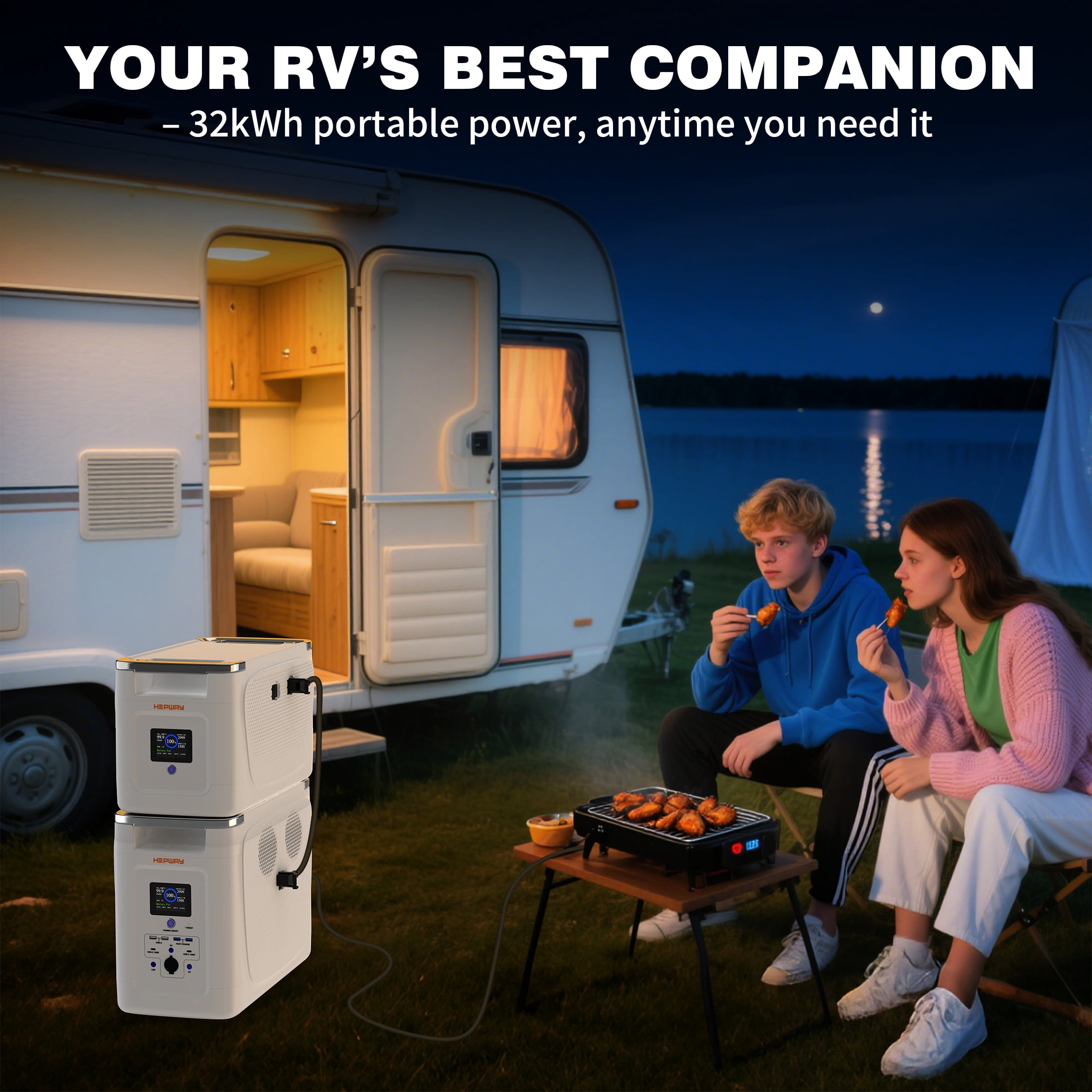 HEPWAY Portable Power Station with 2*Extra Battery, 2400W 6144Wh LiFePO4 Battery W/ Expandable Capacity 32kWh, Solar Generator for Home UPS Blackout Backup RV(Alpha 2000 & 2PCS Alpha 2000X Included)
