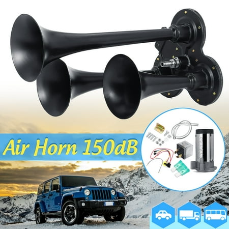 3 Trumpet 150dB 12V Super Loud Air Horn w/ Compressor Wiring For Car Truck Boat Taxi Bus Train (Best Stereo Bus Compressor)