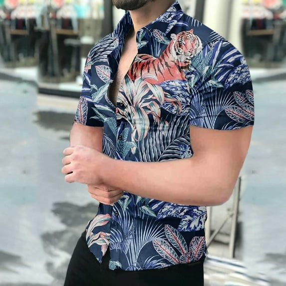 Floenr Mens T Shirts,Men Hawaiian Short Sleeve Beach Stand-up Collar Shirt Printed Summer Casual Button Down Shirts