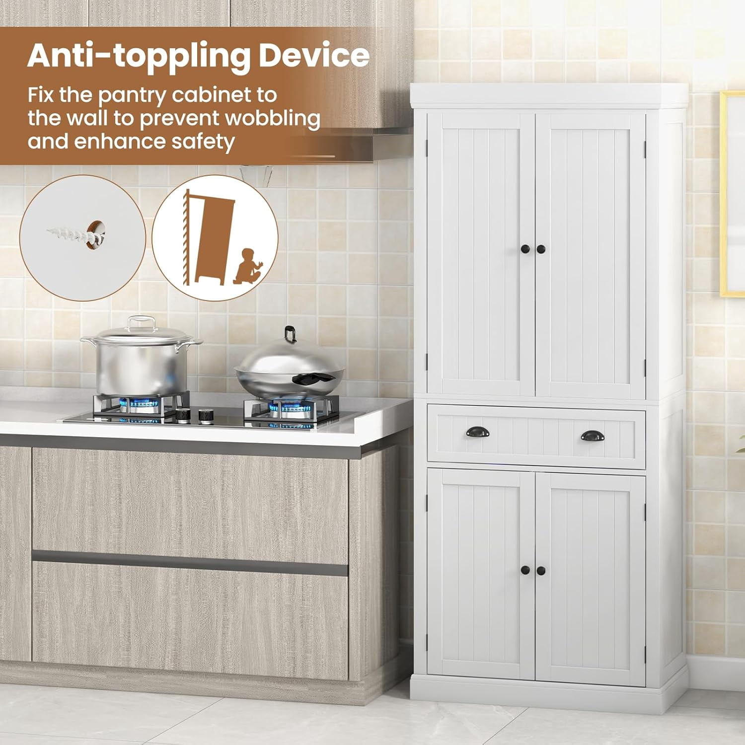 Traditional Kitchen Pantry Cabinet, Kitchen Cupboard with Double-Doors, Large Drawer and Adjustable Shelves for Dining Room, Bathroom
