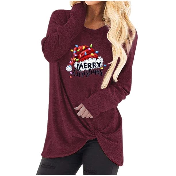 Camisas Navideñas Para Mujer Tops de Manga Larga Estampado de Moda Cuello Redondo Blusa Informal Kink Odeerbi ODB198131