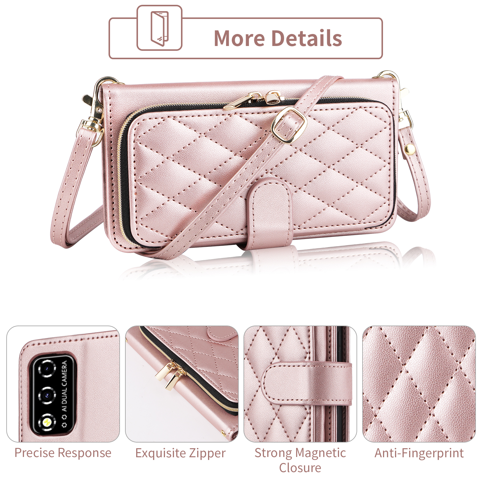 Furiet Argyle Wallet Case for T-Mobile Revvl V 4G with Wrist/Shoulder Strap, Card Slots Flip Zipper Purse Stand Cell Phone Cover for Tmobile T Mobile TMRVL4G LTE 2021 6.52" Women Girls Rose Gold