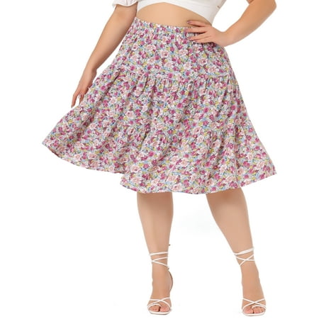 MODA NOVA Juniors Plus Size Floral Elastic High Waist Tiered Midi Skirt Fuchsia Pink 3X