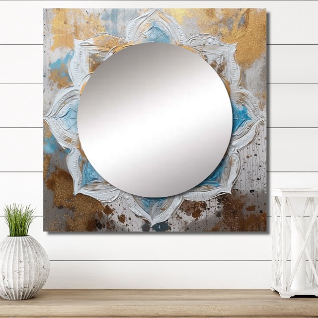 Designart "Blue and Gold Mandala Elegance I" Boho Mandala Square Mirror For Wall Decor - Large Blue Square Mirror Printed Wall Decor - Traditional Square Living Room Mirror