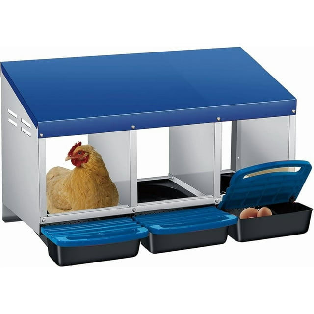 Ourlova 3/4-Hole Metal Chicken Nesting Box with Removable Roll-Out Tray – Easy Egg Collection & Cleaning, Galvanized Steel Laying Box for Backyard Coop & Poultry Farm