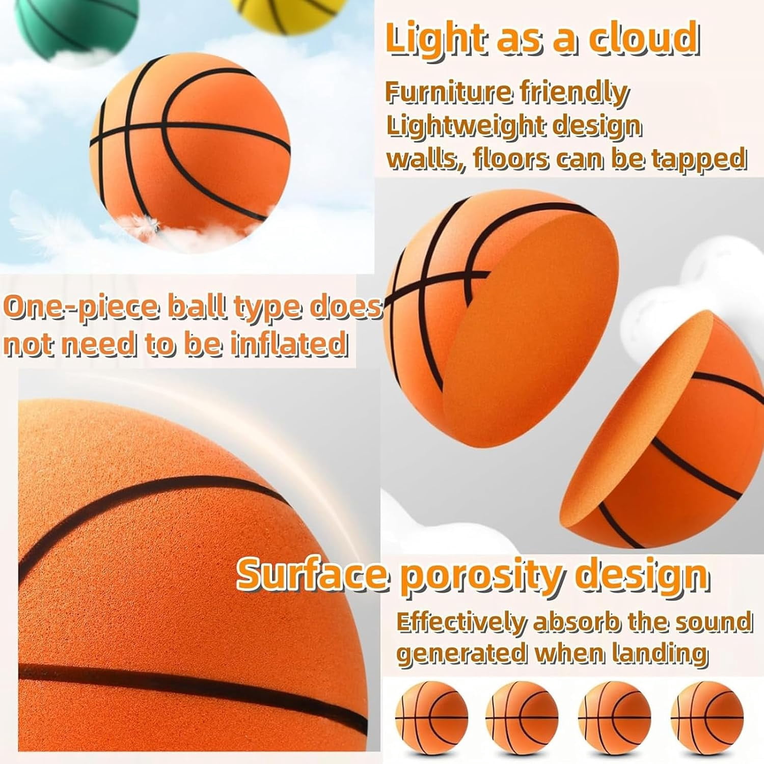 Silent Basketball Size 7 (29.5") - Upgrade Foam Basketball Arcade Game Indoor,Ball for Quiet Dribbling and Indoor Training,Pro PU Foam Ball – Higher Bounce