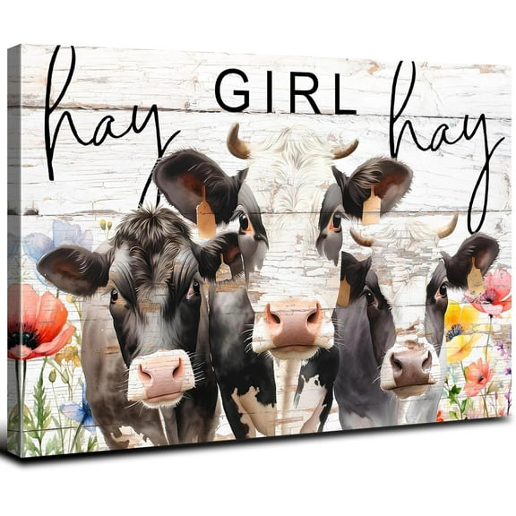 Aaheei Farmhouse Cow Wall Art Rustic Funny Animals Wall Decor Vintage Floral Canvas Prints Painting Highland Cow Pictures Country Animals Artwork for Girls Bedroom Living Room Home Decoration