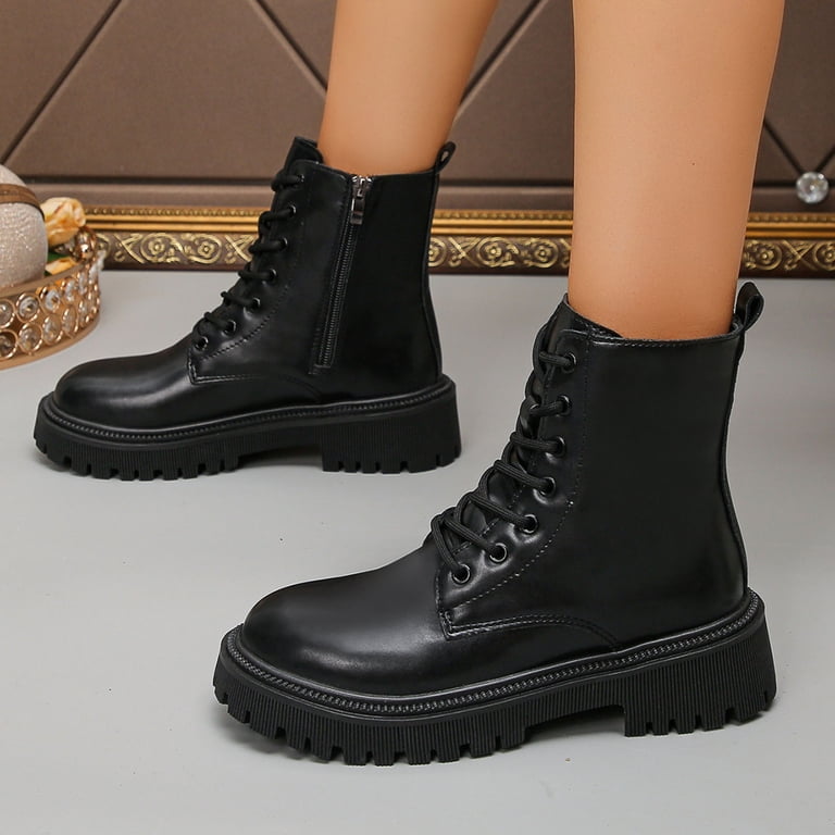 Black Platform Lace-Up Ankle Boots with Side Zip Black Wedge Heel Ankle Boots for Women with Round Toe  main image 3