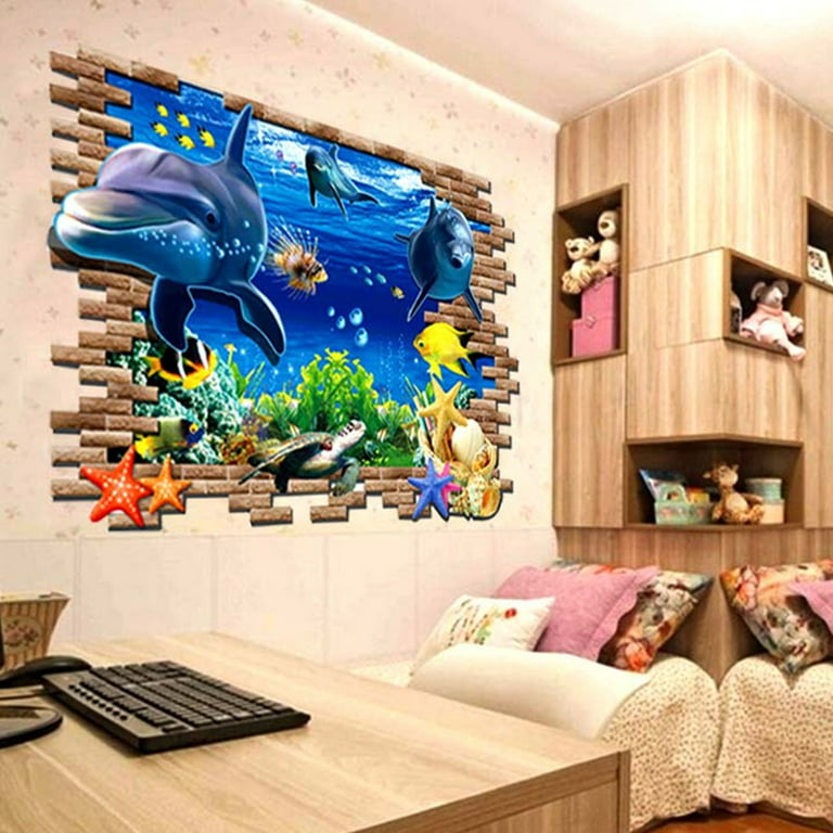 Ocean Dolphin 3D Floor Wall Decals Under The Sea Marine Animal Wall  Stickers Underwater Sea Life Diy Wall Decor