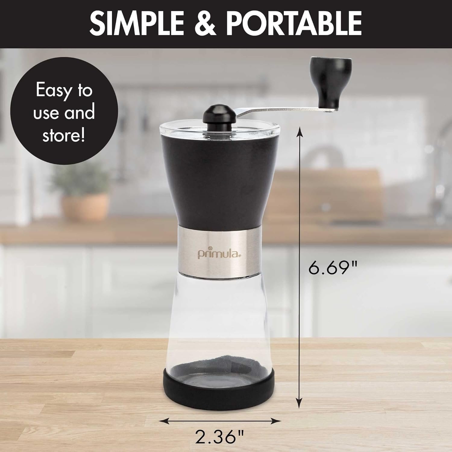 Primula Manual Adjustable Burr Coffee Grinder-Ceramic Mill & Brushed Stainless Steel Body-Whole Bean for French Press, Cold Brew, Espresso, Camping