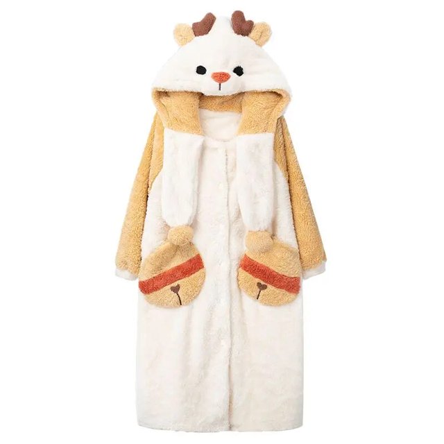Conjunto de Pijamas de franela gruesa con capucha para el hogar, ropa de dormir cálida con bata larga de dibujos animados de Coral, traje de invierno para Navidad y Elk