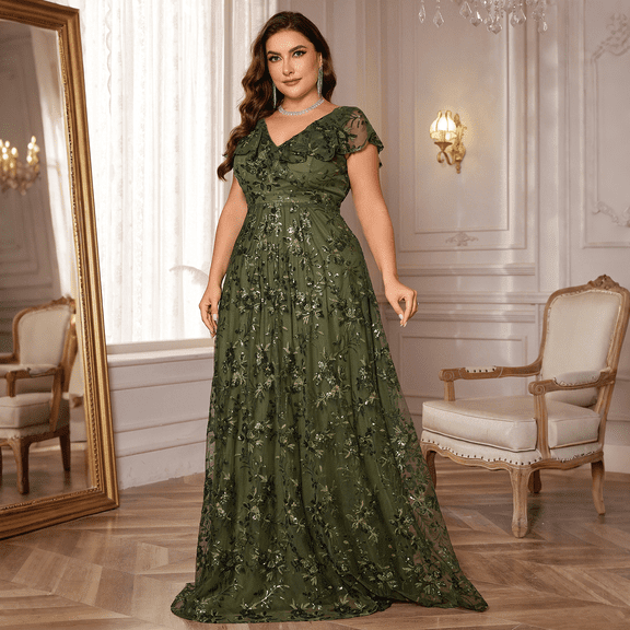 Plus Size Maxi Formal Dresses for Women Flutter Sleeve and Ruching V-Neck Wedding Guest Dresses with Floral Sequin Embroidery A-Line Evening Gown for Cocktail Party Prom and Birthday Olive Green
