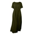 thumbnail image 6 of Horkkom Linen Dress Women Summer Short Sleeve Maxi Dress Casual Loose Flowy Pleated Dresses Crew Neck Solid Color Long Dresses L, 6 of 6