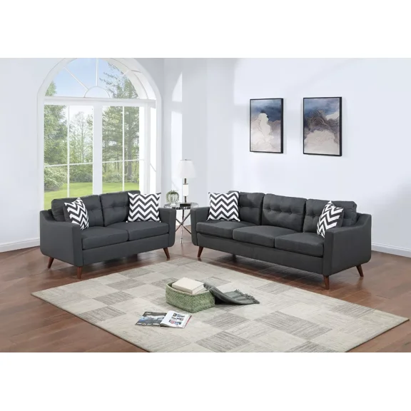 Luxury Look Classic Black Polyfiber Sofa And Loveseat w Pillows Living Room Furniture 2pc Sofa Set