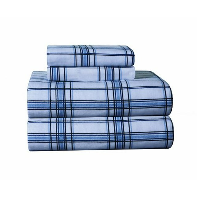 Pointehaven Ensemble de Feuilles de Flanelle Imprimées Poids Lourd Jumeau, Bleu Plaid