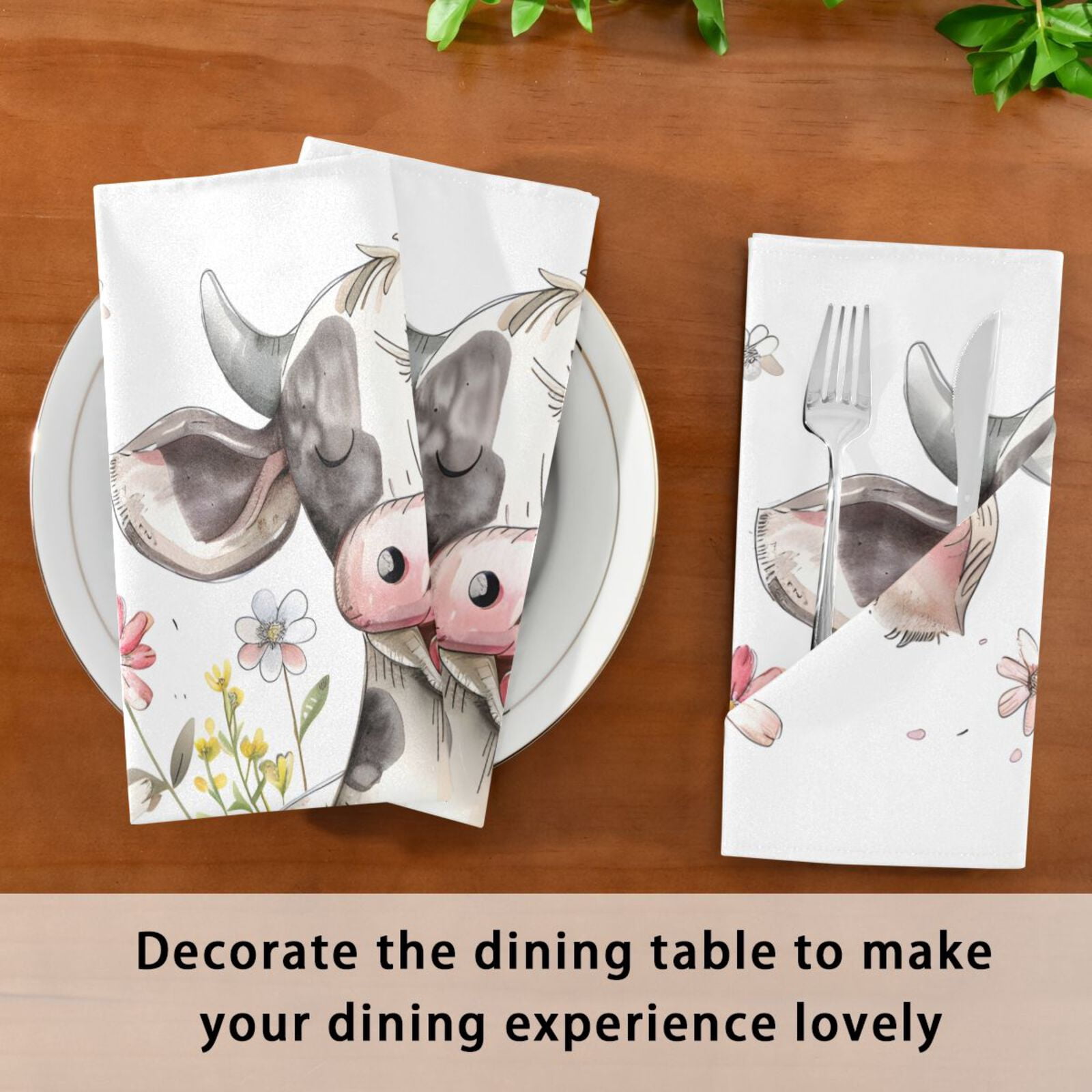 JSTEL Cute Baby Cow Daisy Cloth Napkins Set of 6, 20x20 Inch Washable and Reusable Napkin for Decoupage Dinner Party Everyday Use