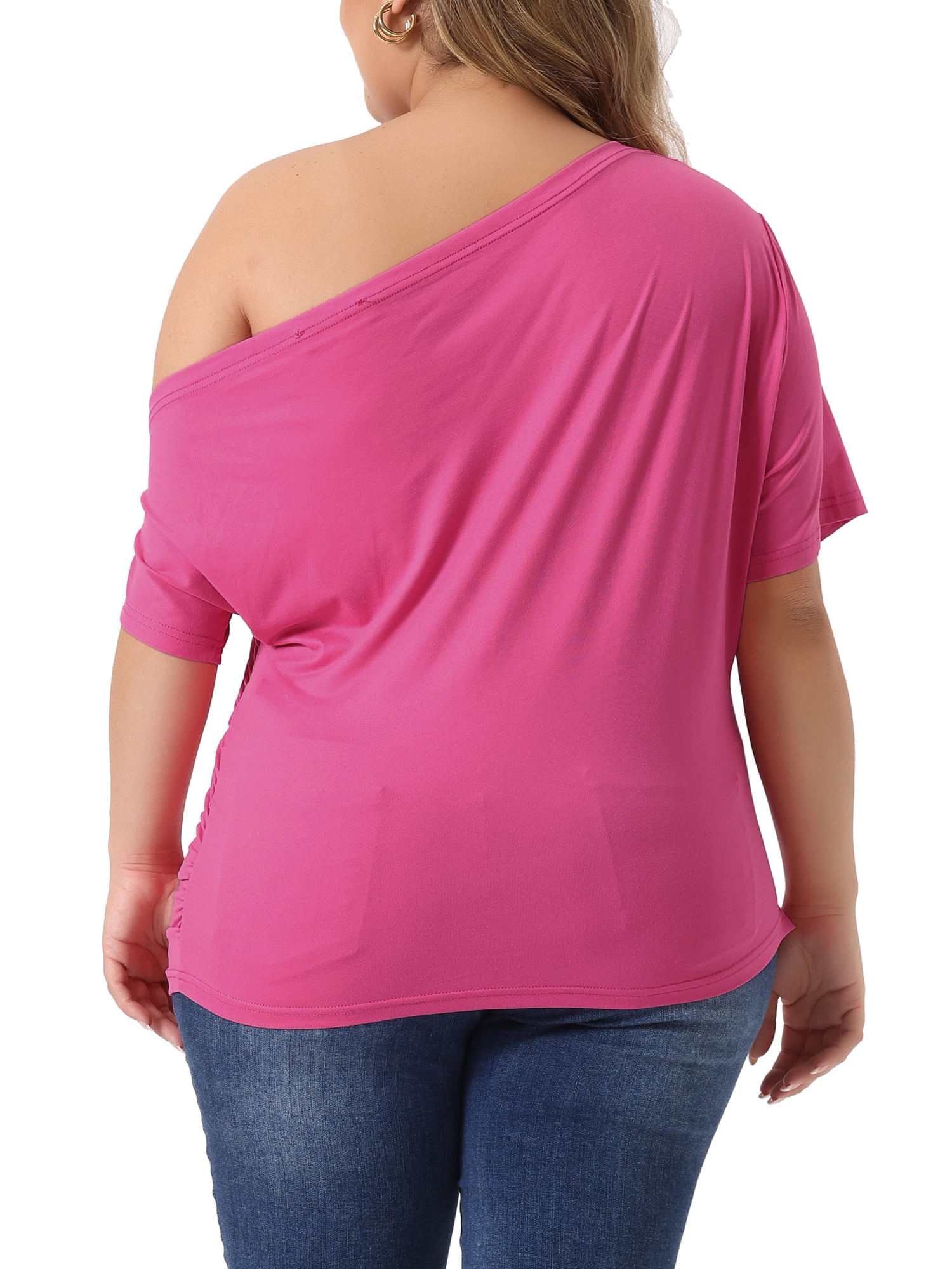 Women's Plus Tops One Shoulder Short Sleeve Ruched Basic Blouses Summer Tee Tops 2X Hot Pink