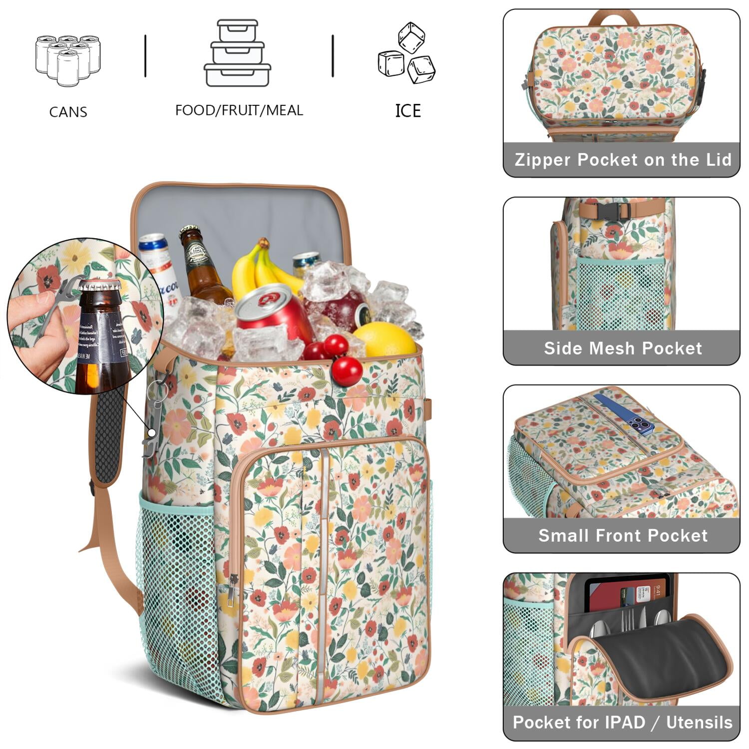 Travel Cooler Bag - Pioneer Flower Floral Print Pattern Camping Beer Cooler Backpack with Bottle Opener- Waterproof Insulated Picnic Backpacks - Cooler Bag for Beach