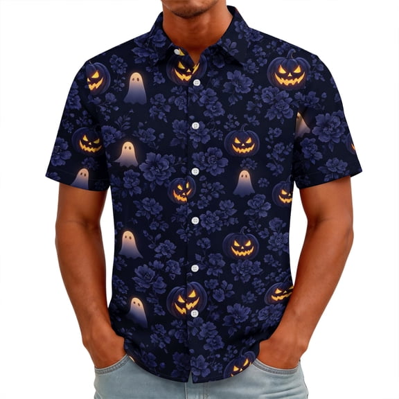 GrmtClth Men’s Holiday Multi Use Printed Camp Shirt Short Sleeve Halloween Haunted Castle Gothic Forest Split Village Light Blouse For costume Gathering Watermelon Red L