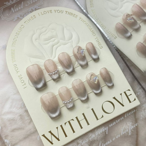 ADITYSHOP - Handmade Silver Pearl Elegance Press-On Nails Medium, Kit included