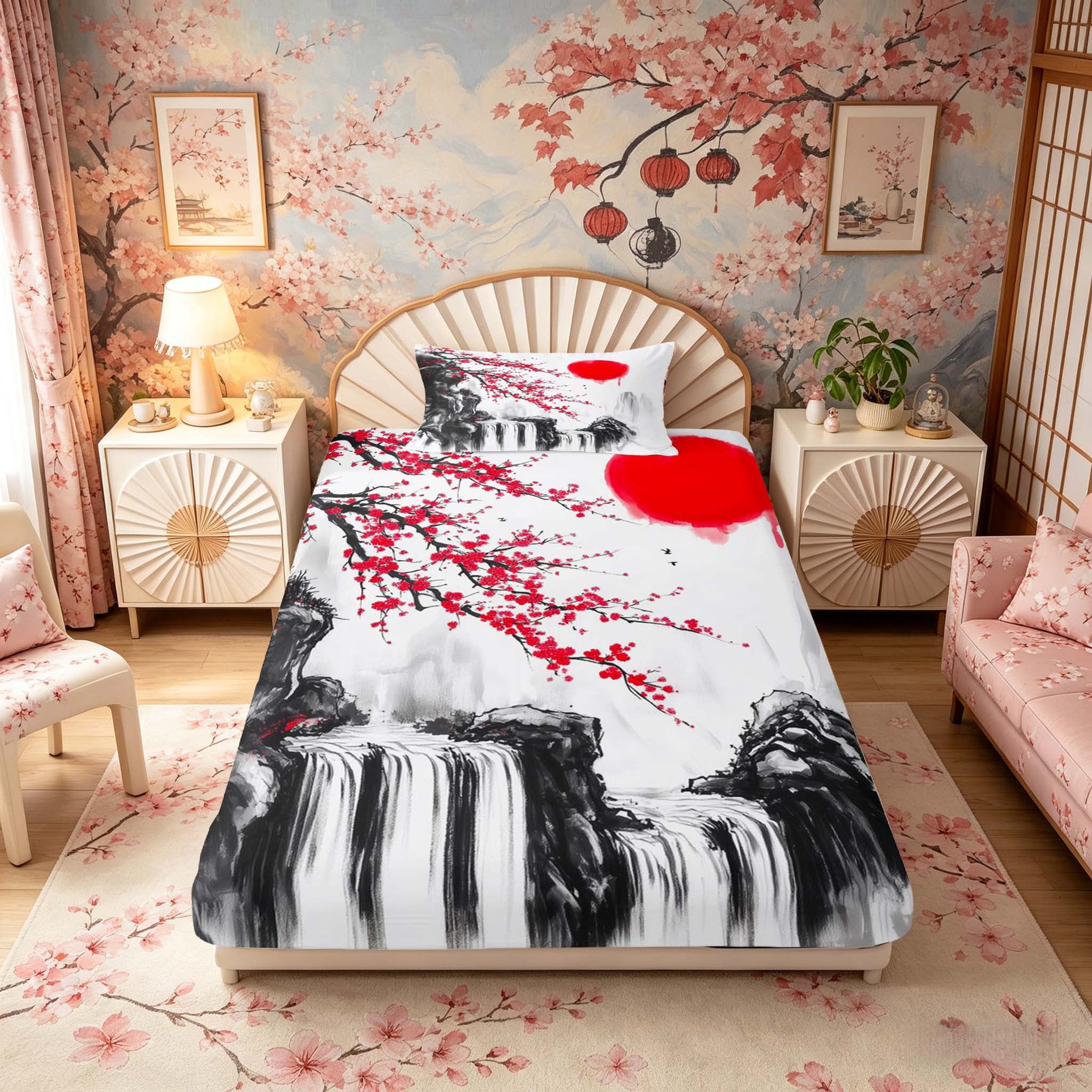 Manfei Ink Waterfall Twin Sheet Sets for Home, Plum Sun Bedding for Office, Black Red White 3-Piece, 1 Flat Sheet, 1 Fitted Sheet and 1 Pillowcase