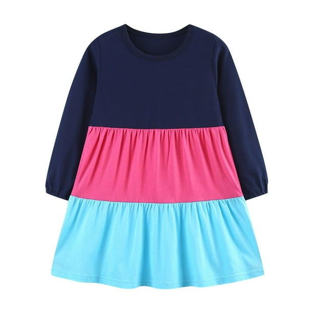 Odeerbi Niñas Manga Larga Arco Iris Rayas Vestido de Algodón Primavera Otoño A-Color Blocked Cuello Redondo Vestido Suelto