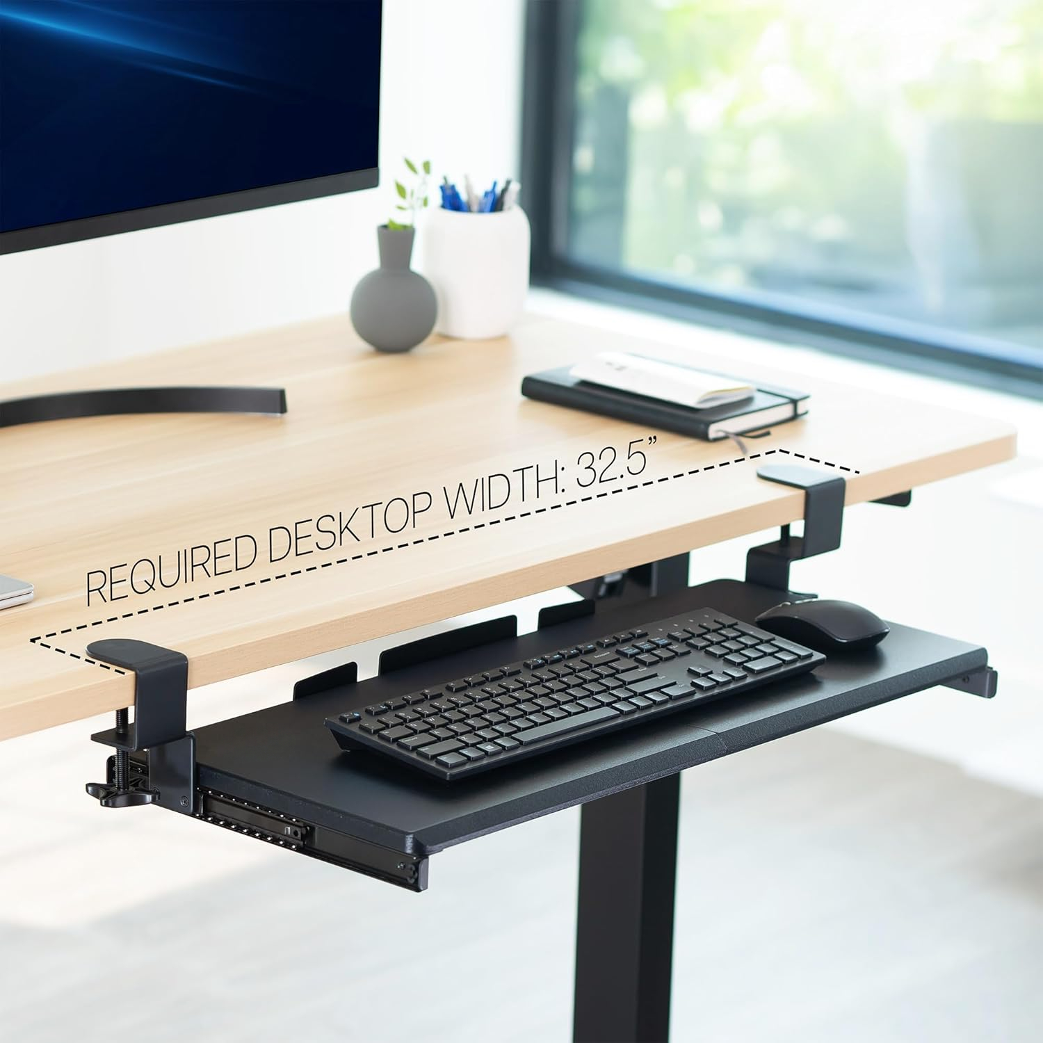 Large Keyboard Tray with Extra Strong C-Clip Mounting System, Slide-Out Desktop Computer Drawer, Black
